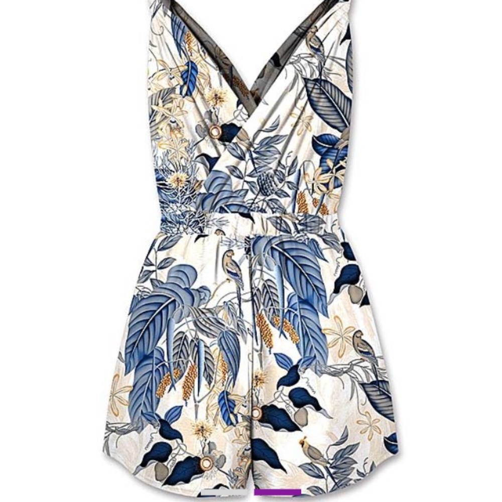 White Blue Floral Bird SLEEVELESS Romper
